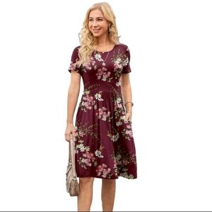 DB Moon Empire Waist Dress  Knee Length Short Sleeve Floral Print Burgundy 2X